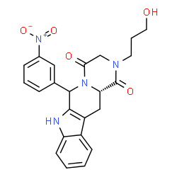 ChemSpider 2D Image | (12aS)-2-(3-Hydroxypropyl)-6-(3-nitrophenyl)-2,3,6,7,12,12a-hexahydropyrazino[1',2':1,6]pyrido[3,4-b]indole-1,4-dione | C23H22N4O5