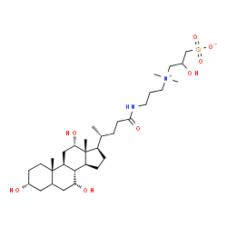 ChemSpider 2D Image | 3-[Dimethyl(3-{[(3alpha,7alpha,12alpha)-3,7,12-trihydroxy-24-oxocholan-24-yl]amino}propyl)ammonio]-2-hydroxy-1-propanesulfonate | C32H58N2O8S