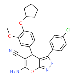 ChemSpider 2D Image | 6-Amino-3-(4-chlorophenyl)-4-[4-(cyclopentyloxy)-3-methoxyphenyl]-2,4-dihydropyrano[2,3-c]pyrazole-5-carbonitrile | C25H23ClN4O3