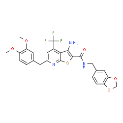 ChemSpider 2D Image | 3-Amino-N-(1,3-benzodioxol-5-ylmethyl)-6-(3,4-dimethoxybenzyl)-4-(trifluoromethyl)thieno[2,3-b]pyridine-2-carboxamide | C26H22F3N3O5S