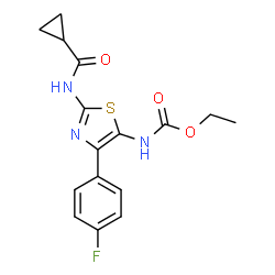 ChemSpider 2D Image | Ethyl {2-[(cyclopropylcarbonyl)amino]-4-(4-fluorophenyl)-1,3-thiazol-5-yl}carbamate | C16H16FN3O3S