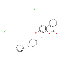 ChemSpider 2D Image | 1-Benzyl-4-{[(3-hydroxy-6-oxo-7,8,9,10-tetrahydro-6H-benzo[c]chromen-4-yl)methyl]ammonio}piperidinium dichloride | C26H32Cl2N2O3