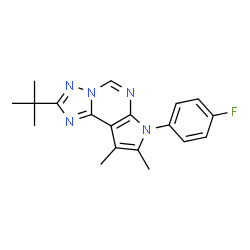 ChemSpider 2D Image | 7-(4-Fluorophenyl)-8,9-dimethyl-2-(2-methyl-2-propanyl)-7H-pyrrolo[3,2-e][1,2,4]triazolo[1,5-c]pyrimidine | C19H20FN5