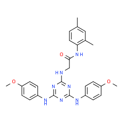 ChemSpider 2D Image | N~2~-{4,6-Bis[(4-methoxyphenyl)amino]-1,3,5-triazin-2-yl}-N-(2,4-dimethylphenyl)glycinamide | C27H29N7O3