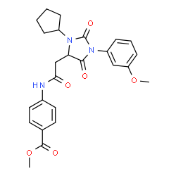 ChemSpider 2D Image | Methyl 4-({[3-cyclopentyl-1-(3-methoxyphenyl)-2,5-dioxo-4-imidazolidinyl]acetyl}amino)benzoate | C25H27N3O6