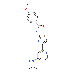 ChemSpider 2D Image | N-{4-[6-(Isopropylamino)-4-pyrimidinyl]-1,3-thiazol-2-yl}-4-methoxy-N-methylbenzamide | C19H21N5O2S