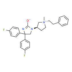 ChemSpider 2D Image | 4,4-Bis(4-fluorophenyl)-1-[(3R)-1-methyl-1-(2-phenylethyl)-3-pyrrolidiniumyl]-4,5-dihydro-1H-imidazol-2-olate | C28H29F2N3O