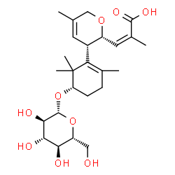 ChemSpider 2D Image | (2Z)-3-{(2R,3S)-3-[(5S)-5-(beta-D-Glucopyranosyloxy)-2,6,6-trimethyl-1-cyclohexen-1-yl]-5-methyl-3,6-dihydro-2H-pyran-2-yl}-2-methylacrylic acid | C25H38O9