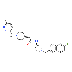 ChemSpider 2D Image | N-{(3R)-1-[(6-Fluoro-2-naphthyl)methyl]-3-pyrrolidinyl}-2-{1-[(6-methyl-3-pyridazinyl)carbonyl]-4-piperidinylidene}acetamide | C28H30FN5O2