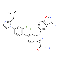 ChemSpider 2D Image | 1-(3-Amino-1,2-benzoxazol-5-yl)-6-(4-{2-[(dimethylamino)methyl]-1H-imidazol-1-yl}-2-fluorophenyl)-7-fluoro-1H-indazole-3-carboxamide | C27H22F2N8O2