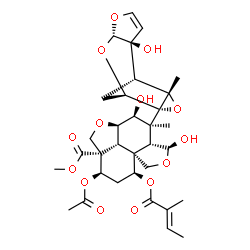 ChemSpider 2D Image | Methyl (2aR,3S,4S,4aR,5S,7aS,8S,10R,10aS,10bR)-10-acetoxy-3,5-dihydroxy-4-[(1R,2S,6S,8R,9R,11S)-2-hydroxy-11-methyl-5,7,10-trioxatetracyclo[6.3.1.0~2,6~.0~9,11~]dodec-3-en-9-yl]-4-methyl-8-{[(2E)-2-me
thyl-2-butenoyl]oxy}octahydro-1H-furo[3',4':4,4a]naphtho[1,8-bc]furan-10a(8H)-carboxylate | C33H42O14