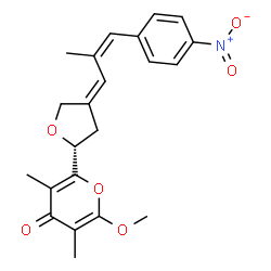ChemSpider 2D Image | 2-Methoxy-3,5-dimethyl-6-{(2R,4Z)-4-[(2Z)-2-methyl-3-(4-nitrophenyl)-2-propen-1-ylidene]tetrahydro-2-furanyl}-4H-pyran-4-one | C22H23NO6
