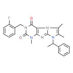 ChemSpider 2D Image | 3-(2-Fluorobenzyl)-1,6,7-trimethyl-8-(1-phenylethyl)-1H-imidazo[2,1-f]purine-2,4(3H,8H)-dione | C25H24FN5O2