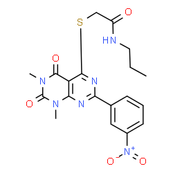 ChemSpider 2D Image | 2-{[6,8-Dimethyl-2-(3-nitrophenyl)-5,7-dioxo-5,6,7,8-tetrahydropyrimido[4,5-d]pyrimidin-4-yl]sulfanyl}-N-propylacetamide | C19H20N6O5S