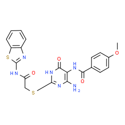 ChemSpider 2D Image | N-(4-Amino-2-{[2-(1,3-benzothiazol-2-ylamino)-2-oxoethyl]sulfanyl}-6-oxo-1,6-dihydro-5-pyrimidinyl)-4-methoxybenzamide | C21H18N6O4S2