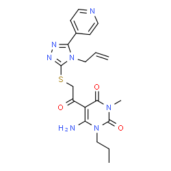 ChemSpider 2D Image | 5-({[4-Allyl-5-(4-pyridinyl)-4H-1,2,4-triazol-3-yl]sulfanyl}acetyl)-6-amino-3-methyl-1-propyl-2,4(1H,3H)-pyrimidinedione | C20H23N7O3S
