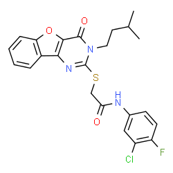 ChemSpider 2D Image | N-(3-Chloro-4-fluorophenyl)-2-{[3-(3-methylbutyl)-4-oxo-3,4-dihydro[1]benzofuro[3,2-d]pyrimidin-2-yl]sulfanyl}acetamide | C23H21ClFN3O3S
