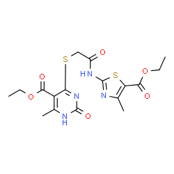 ChemSpider 2D Image | Ethyl 4-[(2-{[5-(ethoxycarbonyl)-4-methyl-1,3-thiazol-2-yl]amino}-2-oxoethyl)sulfanyl]-6-methyl-2-oxo-1,2-dihydro-5-pyrimidinecarboxylate | C17H20N4O6S2