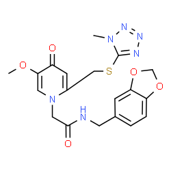 ChemSpider 2D Image | N-(1,3-Benzodioxol-5-ylmethyl)-2-[5-methoxy-2-{[(1-methyl-1H-tetrazol-5-yl)sulfanyl]methyl}-4-oxo-1(4H)-pyridinyl]acetamide | C19H20N6O5S