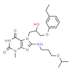 ChemSpider 2D Image | 7-[3-(3-Ethylphenoxy)-2-hydroxypropyl]-8-[(3-isopropoxypropyl)amino]-3-methyl-3,7-dihydro-1H-purine-2,6-dione | C23H33N5O5