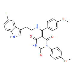 ChemSpider 2D Image | (E)-5-((2-(5-fluoro-1H-indol-3-yl)ethylamino)(4-methoxyphenyl)methylene)-1-(4-methoxyphenyl)pyrimidine-2,4,6(1H,3H,5H)-trione | C29H25FN4O5