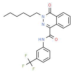 ChemSpider 2D Image | 3-Hexyl-4-oxo-N-[3-(trifluoromethyl)phenyl]-3,4-dihydro-1-phthalazinecarboxamide | C22H22F3N3O2