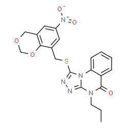 ChemSpider 2D Image | 1-{[(6-Nitro-4H-1,3-benzodioxin-8-yl)methyl]sulfanyl}-4-propyl[1,2,4]triazolo[4,3-a]quinazolin-5(4H)-one | C21H19N5O5S