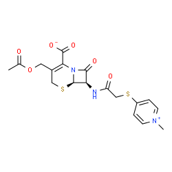 ChemSpider 2D Image | (6R,7R)-3-(Acetoxymethyl)-7-({[(1-methyl-4-pyridiniumyl)sulfanyl]acetyl}amino)-8-oxo-5-thia-1-azabicyclo[4.2.0]oct-2-ene-2-carboxylate | C18H19N3O6S2