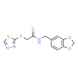ChemSpider 2D Image | N-(1,3-Benzodioxol-5-ylmethyl)-2-(1,3,4-thiadiazol-2-ylsulfanyl)acetamide | C12H11N3O3S2