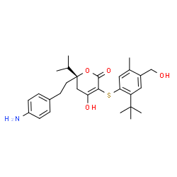 ChemSpider 2D Image | (6S)-6-[2-(4-Aminophenyl)ethyl]-4-hydroxy-3-{[4-(hydroxymethyl)-5-methyl-2-(2-methyl-2-propanyl)phenyl]sulfanyl}-6-isopropyl-5,6-dihydro-2H-pyran-2-one | C28H37NO4S