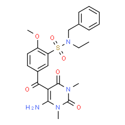 ChemSpider 2D Image | 5-[(6-Amino-1,3-dimethyl-2,4-dioxo-1,2,3,4-tetrahydro-5-pyrimidinyl)carbonyl]-N-benzyl-N-ethyl-2-methoxybenzenesulfonamide | C23H26N4O6S