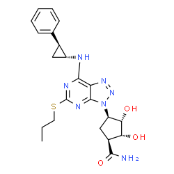 ChemSpider 2D Image | (1S,2R,3S,4R)-2,3-dihydroxy-4-[7-{[(1R,2S)-2-phenylcyclopropyl]amino}-5-(propylsulfanyl)-3H-[1,2,3]triazolo[4,5-d]pyrimidin-3-yl]cyclopentanecarboxamide | C22H27N7O3S