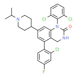 ChemSpider 2D Image | 5-(2-Chloro-4-fluorophenyl)-1-(2,6-dichlorophenyl)-7-(1-isopropyl-4-piperidinyl)-3,4-dihydro-2(1H)-quinazolinone | C28H27Cl3FN3O