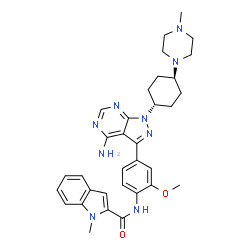 ChemSpider 2D Image | N-(4-{4-Amino-1-[trans-4-(4-methyl-1-piperazinyl)cyclohexyl]-1H-pyrazolo[3,4-d]pyrimidin-3-yl}-2-methoxyphenyl)-1-methyl-1H-indole-2-carboxamide | C33H39N9O2