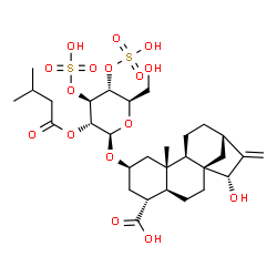 ChemSpider 2D Image | 19-Norkaur-16-en-18-oic acid, 15-hydroxy-2-((2-O-(3-methyl-1-oxobutyl)-3,4-di-O-sulfo-beta-D-glucopyranosyl)oxy)-, (2beta,4alpha,15alpha)- | C30H46O16S2