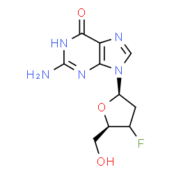 ChemSpider 2D Image | 2-Amino-9-[(3xi)-2,3-dideoxy-3-fluoro-beta-D-glycero-pentofuranosyl]-1,9-dihydro-6H-purin-6-one | C10H12FN5O3