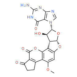 ChemSpider 2D Image | (6aS,8R,9R,9aR)-8-(2-Amino-6-oxo-1,6-dihydro-7H-purin-7-yl)-9-hydroxy-4-methoxy-2,3,6a,8,9,9a-hexahydrocyclopenta[c]furo[3',2':4,5]furo[2,3-h]chromene-1,11-dione | C22H17N5O8