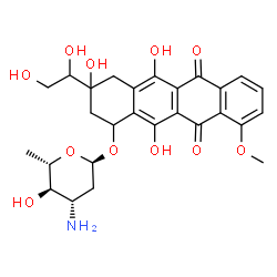 ChemSpider 2D Image | 3-(1,2-Dihydroxyethyl)-3,5,12-trihydroxy-10-methoxy-6,11-dioxo-1,2,3,4,6,11-hexahydro-1-tetracenyl 3-amino-2,3,6-trideoxy-alpha-L-arabino-hexopyranoside | C27H31NO11