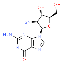 ChemSpider 2D Image | 2-Amino-9-(2-amino-2-deoxy-beta-D-arabinofuranosyl)-1,9-dihydro-6H-purin-6-one | C10H14N6O4