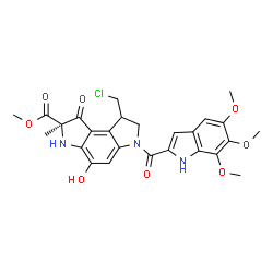 ChemSpider 2D Image | Methyl (2R)-8-(chloromethyl)-4-hydroxy-2-methyl-1-oxo-6-[(5,6,7-trimethoxy-1H-indol-2-yl)carbonyl]-1,2,3,6,7,8-hexahydropyrrolo[3,2-e]indole-2-carboxylate | C26H26ClN3O8