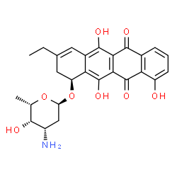 ChemSpider 2D Image | (1S)-3-Ethyl-5,10,12-trihydroxy-6,11-dioxo-1,2,6,11-tetrahydro-1-tetracenyl 3-amino-2,3,6-trideoxy-alpha-L-lyxo-hexopyranoside | C26H27NO8