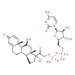 ChemSpider 2D Image | 2(1H)-Pyrimidinone, 4-amino-1-(5-O-((((((11beta)-11,17-dihydroxy-3,20-dioxopregna-1,4-dien-21-yl)oxy)hydroxyphosphinyl)oxy)hydroxyphosphinyl)-beta-D-arabinofuranosyl)- | C30H41N3O15P2