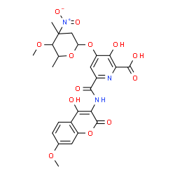 ChemSpider 2D Image | 3-Hydroxy-6-[(4-hydroxy-7-methoxy-2-oxo-2H-chromen-3-yl)carbamoyl]-4-[(2,3,6-trideoxy-3-methyl-4-O-methyl-3-nitrohexopyranosyl)oxy]-2-pyridinecarboxylic acid | C25H25N3O13