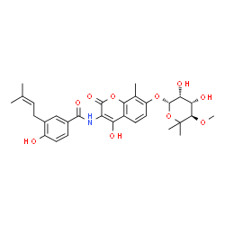 ChemSpider 2D Image | Benzamide, N-(7-((6-deoxy-5-C-methyl-4-O-methyl-beta-L-lyxo-hexopyranosyl)oxy)-4-hydroxy-8-methyl-2-oxo-2H-1-benzopyran-3-yl)-4-hydroxy-3-(3-methyl-2-butenyl)- | C30H35NO10