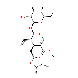 ChemSpider 2D Image | Methyl (2S,3R,4S)-4-{[(2r,4R,5S)-4,5-dimethyl-1,3-dioxolan-2-yl]methyl}-2-(beta-D-glucopyranosyloxy)-3-vinyl-3,4-dihydro-2H-pyran-5-carboxylate | C21H32O11