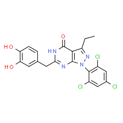 ChemSpider 2D Image | 6-(3,4-DIHYDROXYBENZYL)-3-ETHYL-1-(2,4,6-TRICHLOROPHENYL)-1H-PYRAZOLO[3,4-D]PYRIMIDIN-4(5H)-ONE | C20H15Cl3N4O3