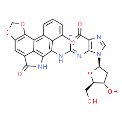 ChemSpider 2D Image | 2'-Deoxy-N-(5,6-dihydro-8-methoxy-5-oxobenzo(f)-1,3-benzodioxolo(6,5,4-cd)indol-7-yl)guanosine | C27H22N6O8