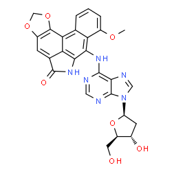 ChemSpider 2D Image | 2'-Deoxy-N-(8-methoxy-5-oxo-5,6-dihydro[1,3]benzodioxolo[6,5,4-cd]benzo[f]indol-7-yl)adenosine | C27H22N6O7