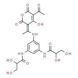 ChemSpider 2D Image | N,N'-(5-((1-(5-Acetyl-4-hydroxy-2,6-dioxo-2H-pyran-3(6H)-ylidene)ethyl)amino)-1,3-phenylene)bis(2,3-dihydroxypropanamide) | C21H23N3O11