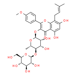 ChemSpider 2D Image | 5,7-Dihydroxy-2-(4-methoxyphenyl)-8-(3-methyl-2-buten-1-yl)-4-oxo-4H-chromen-3-yl 6-deoxy-4-O-beta-D-glucopyranosyl-alpha-L-mannopyranoside | C33H40O15